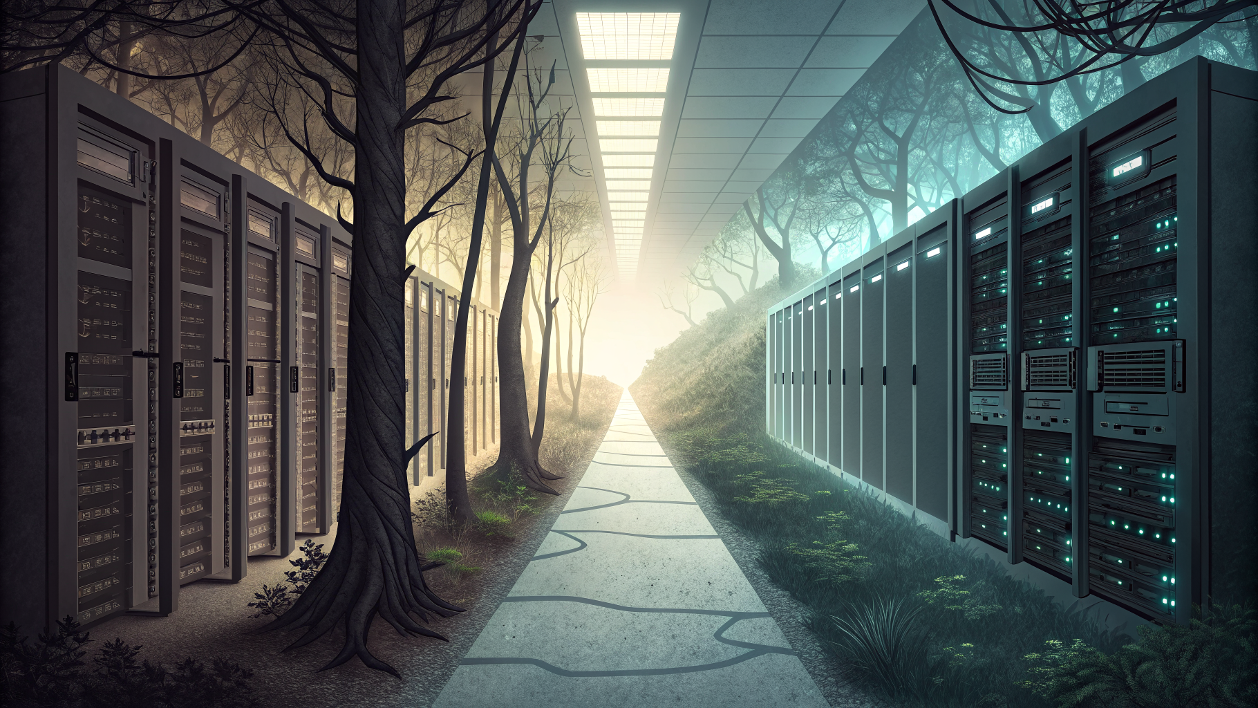 Two corridors in a data center, one shadowed and unmarked, the other lit with a clear tracked path