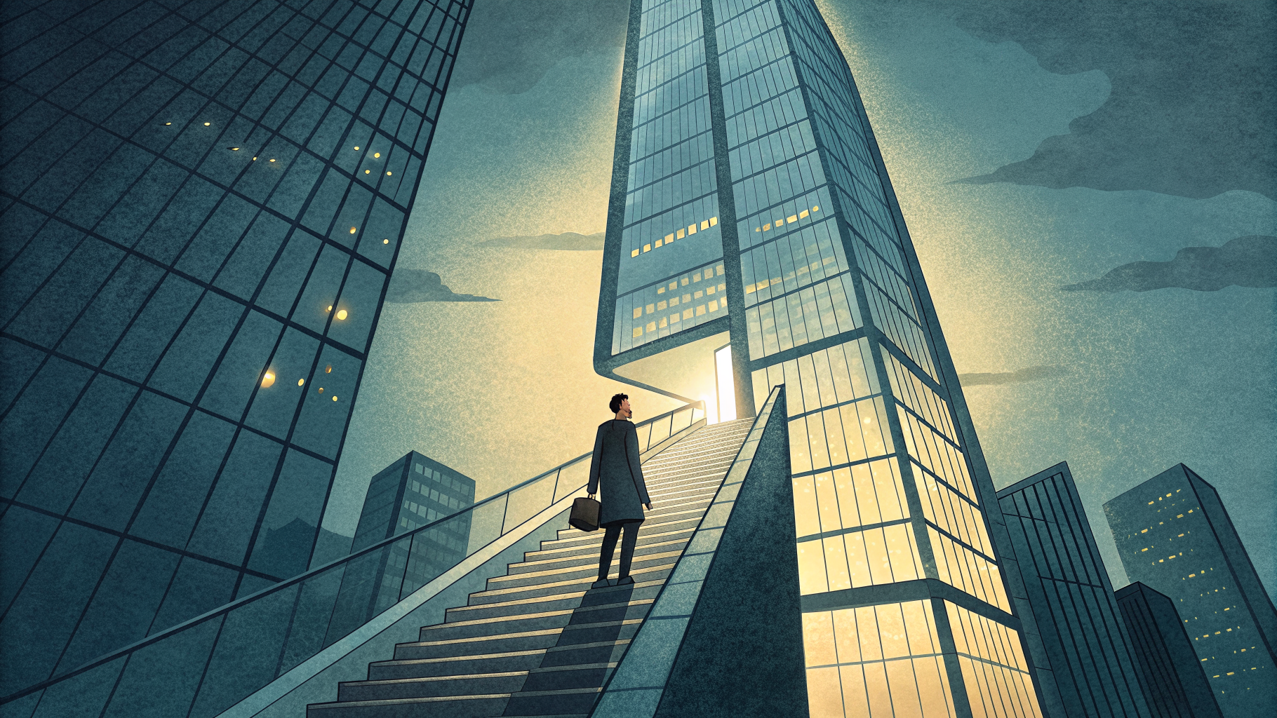 A figure looks up a glass tower toward a lit executive floor, symbolizing the climb from technical to leadership roles