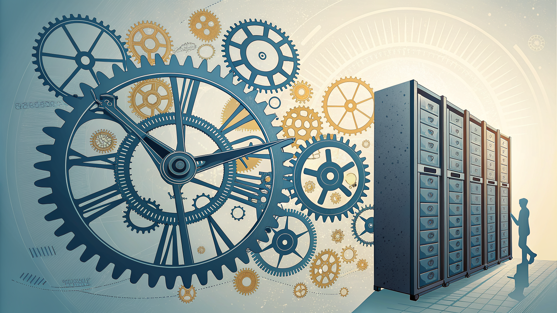Gears accelerating into a server rack, symbolizing compressed certificate renewal cycles