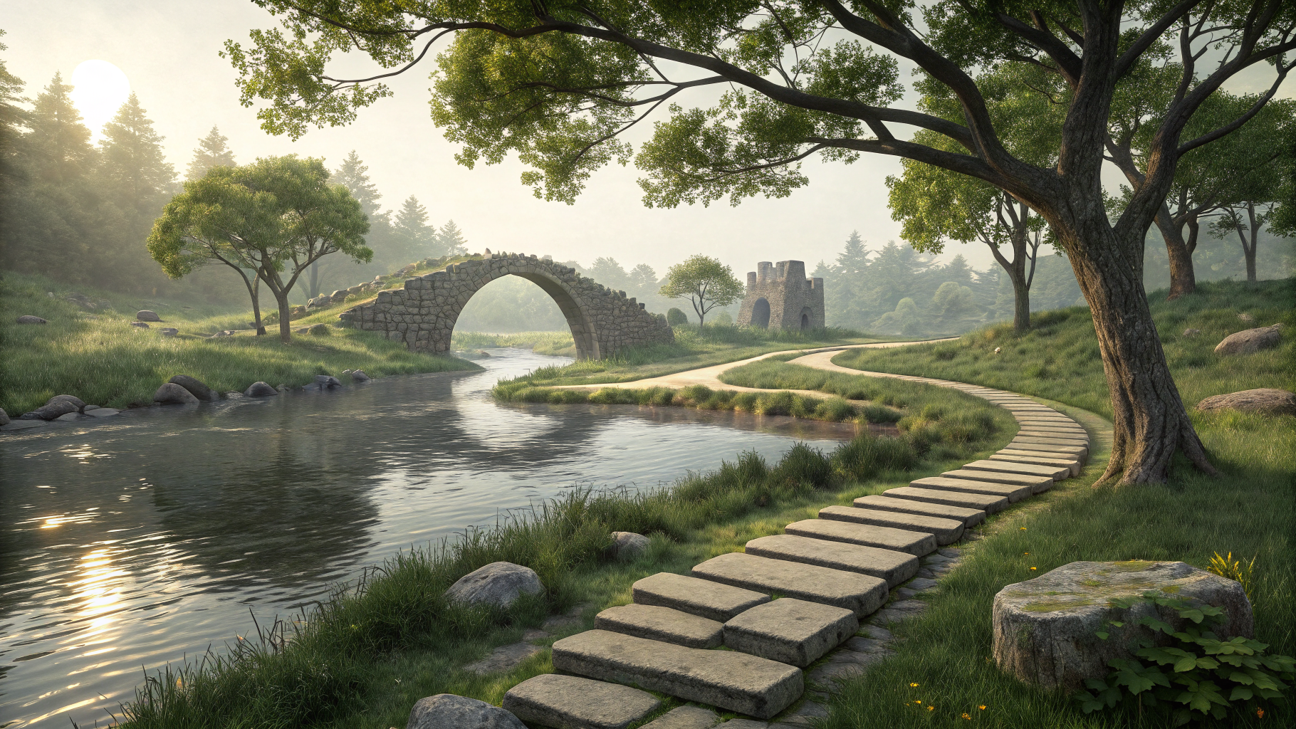 Stepping stones spaced evenly across a river beside a collapsed single-span bridge