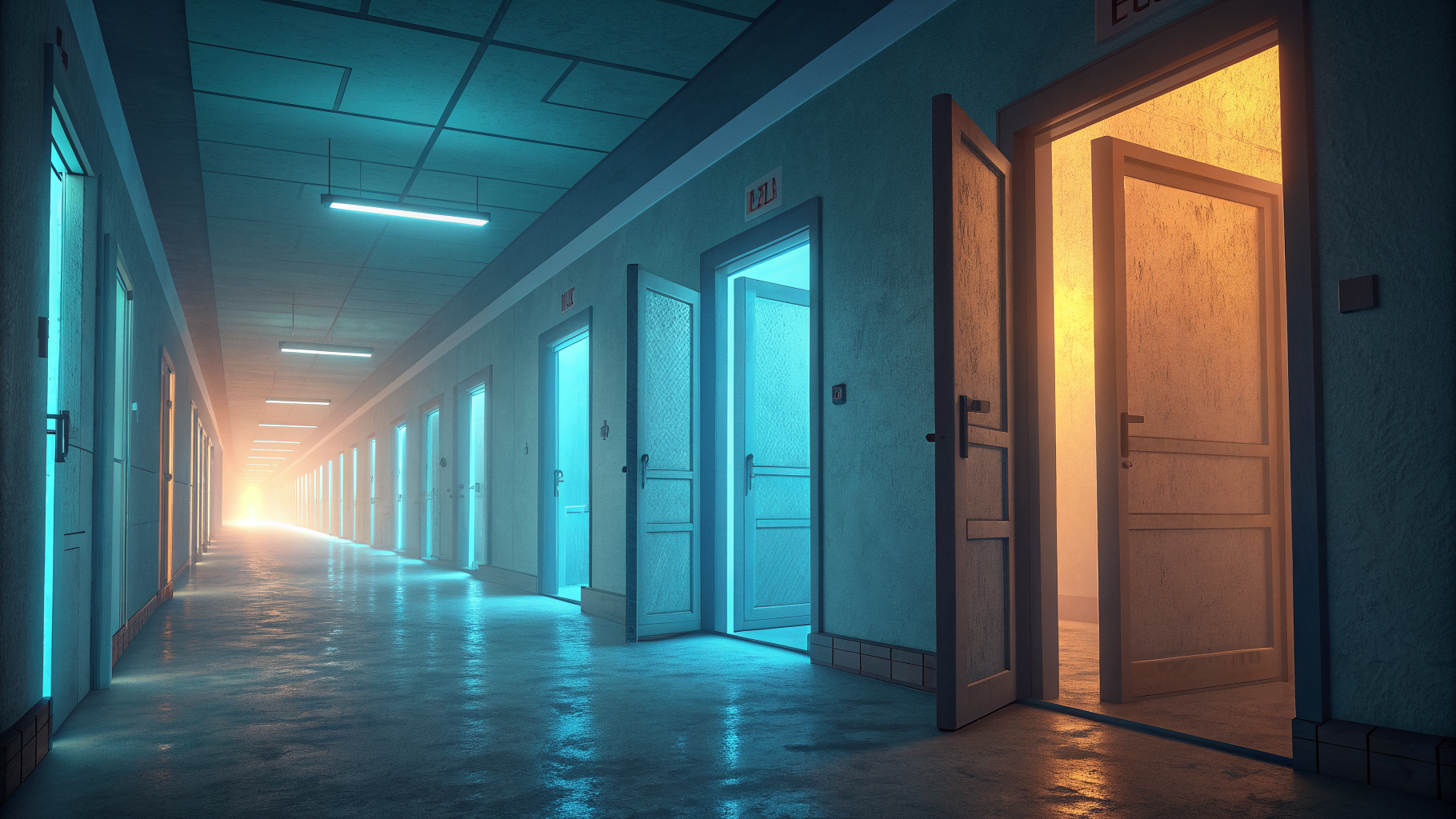 Abstract hallway of doors, some open and some closing on their own, symbolizing access that expires automatically