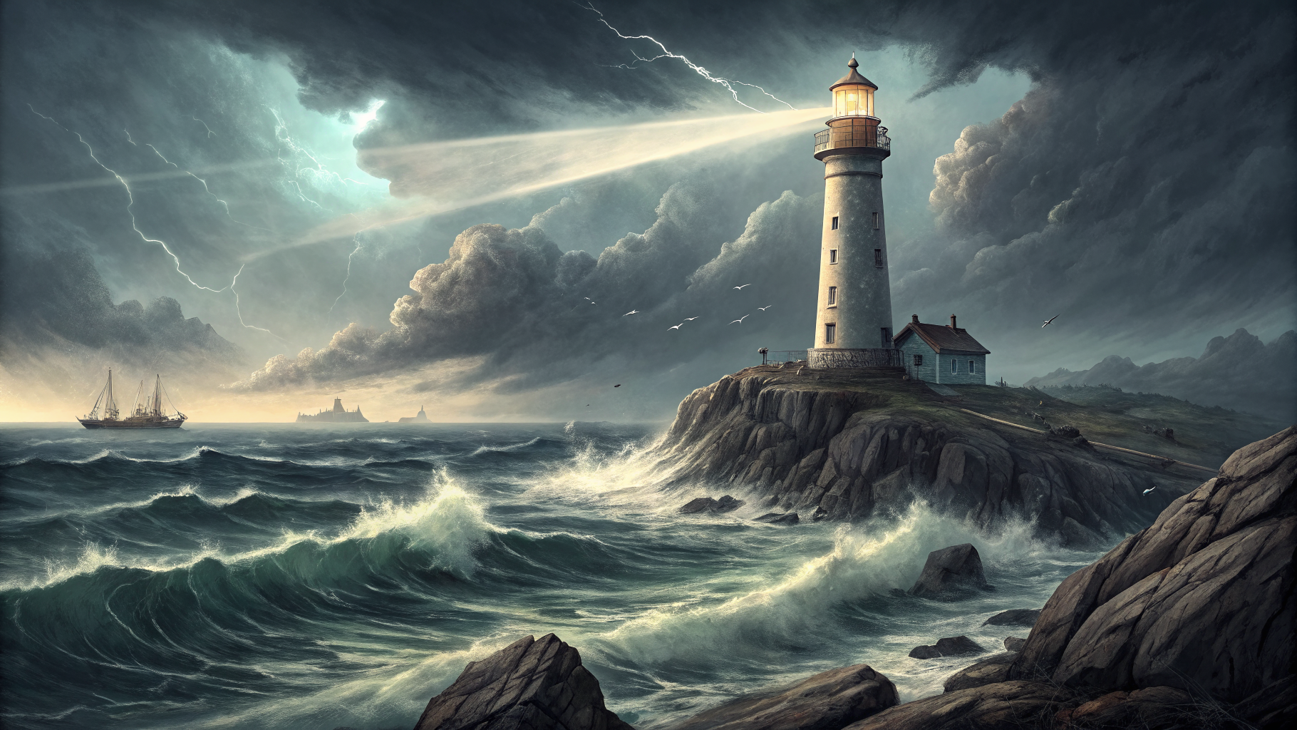 A lighthouse beam cutting through a storm toward a calm harbor, symbolizing tested backup resilience under pressure.
