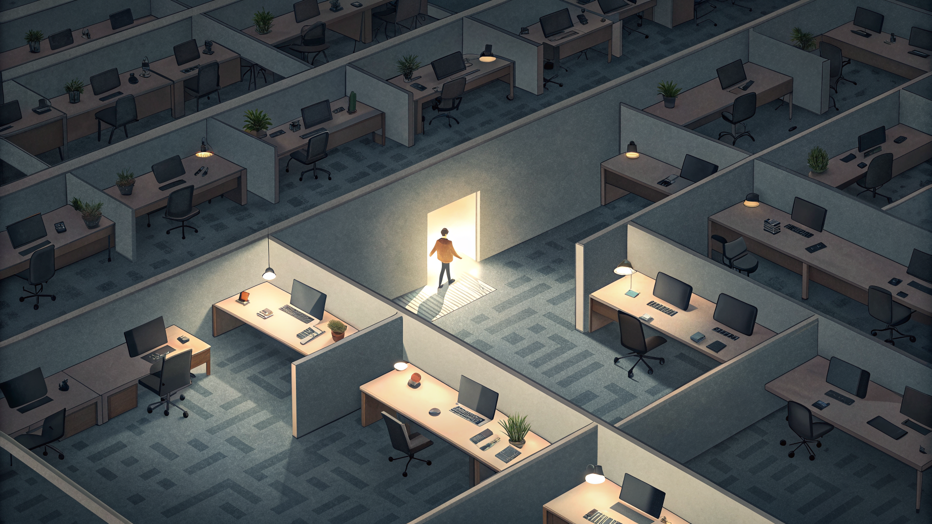 An overhead office scene showing a path of light connecting a nearby desk to an empty one.