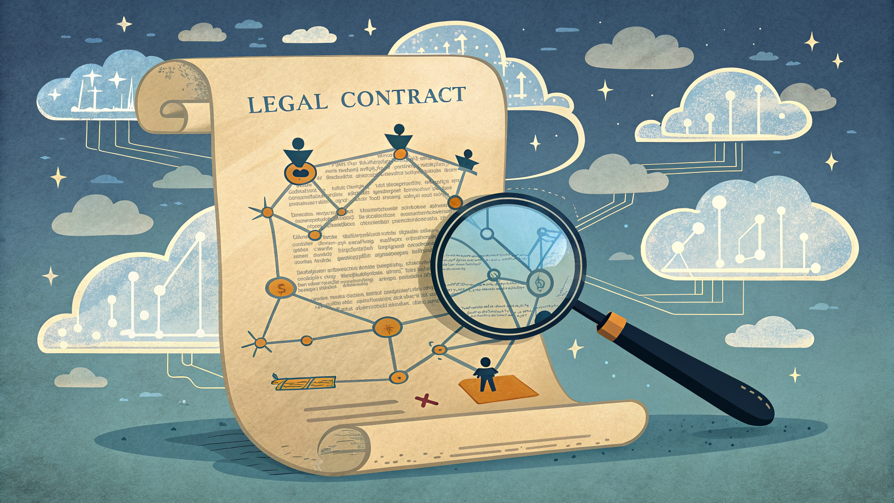 A contract document overlaid with translucent cloud infrastructure shapes and a magnifying glass over one clause