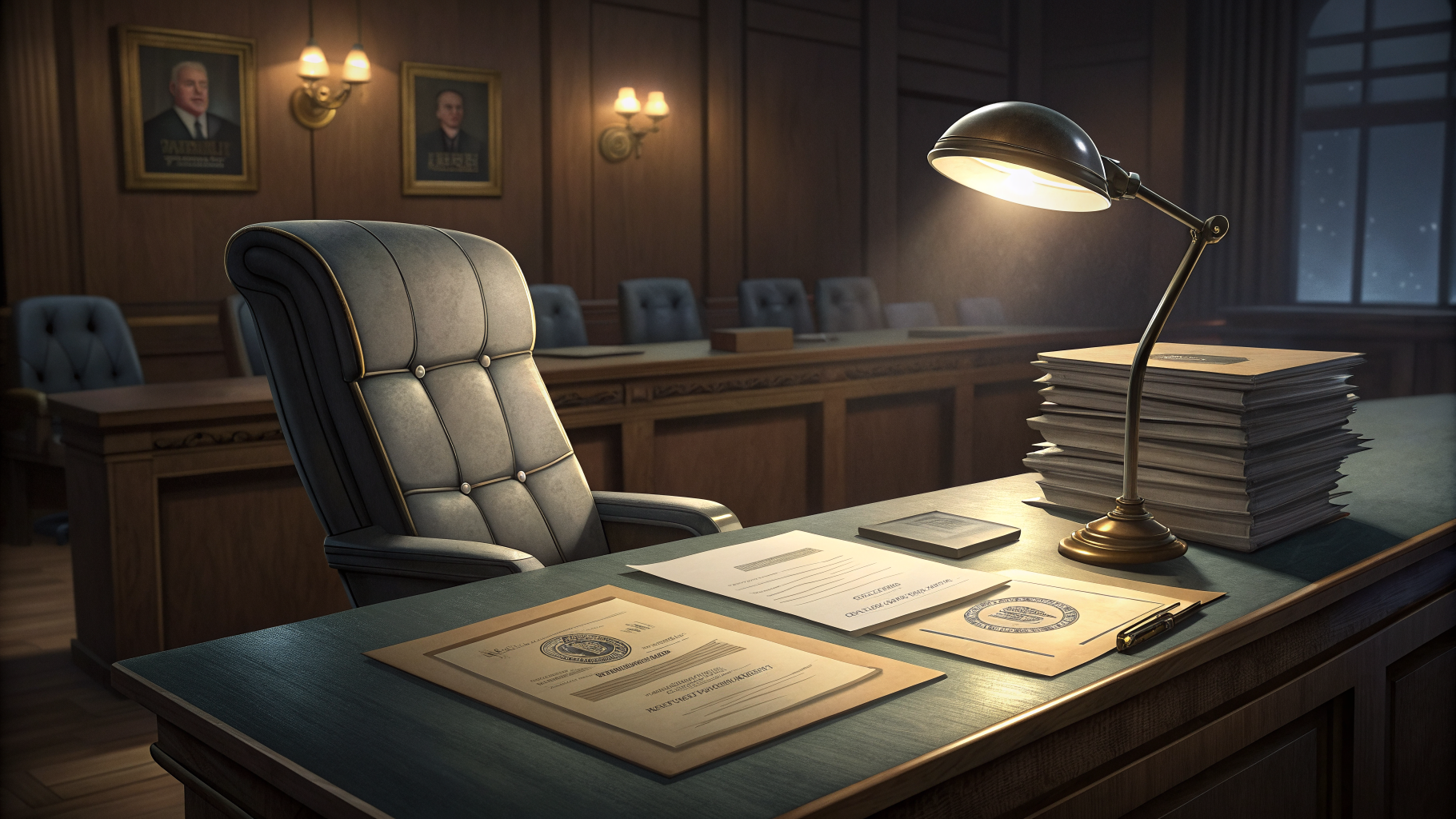 An empty auditor's chair beside a lit stack of personnel certification files in a secure facility