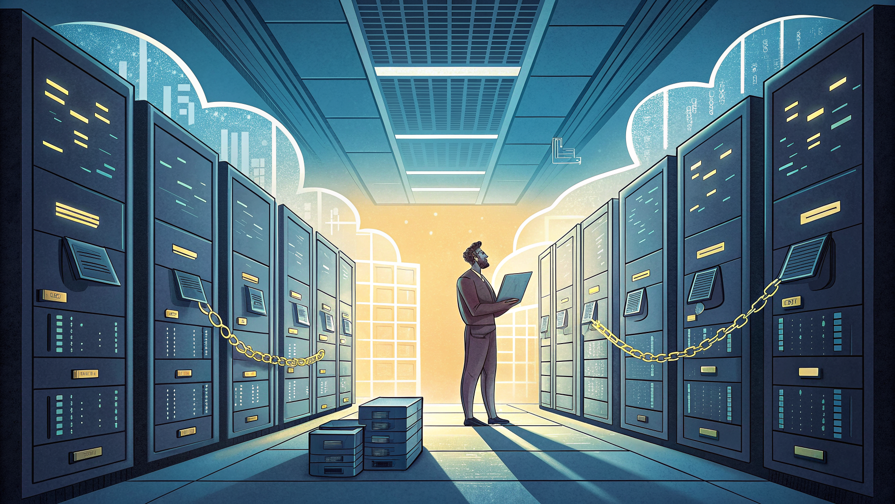 Illustration of documents drifting past a permissions boundary toward a control panel, symbolizing Copilot data governance
