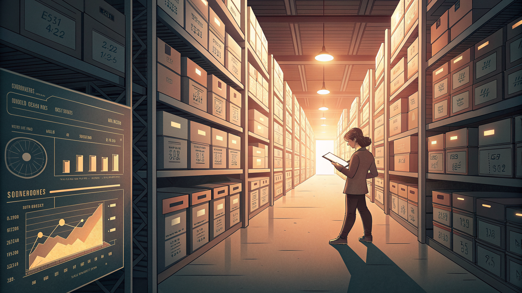 Rows of archival storage boxes on shelving with a figure reviewing records, symbolizing data retention oversight