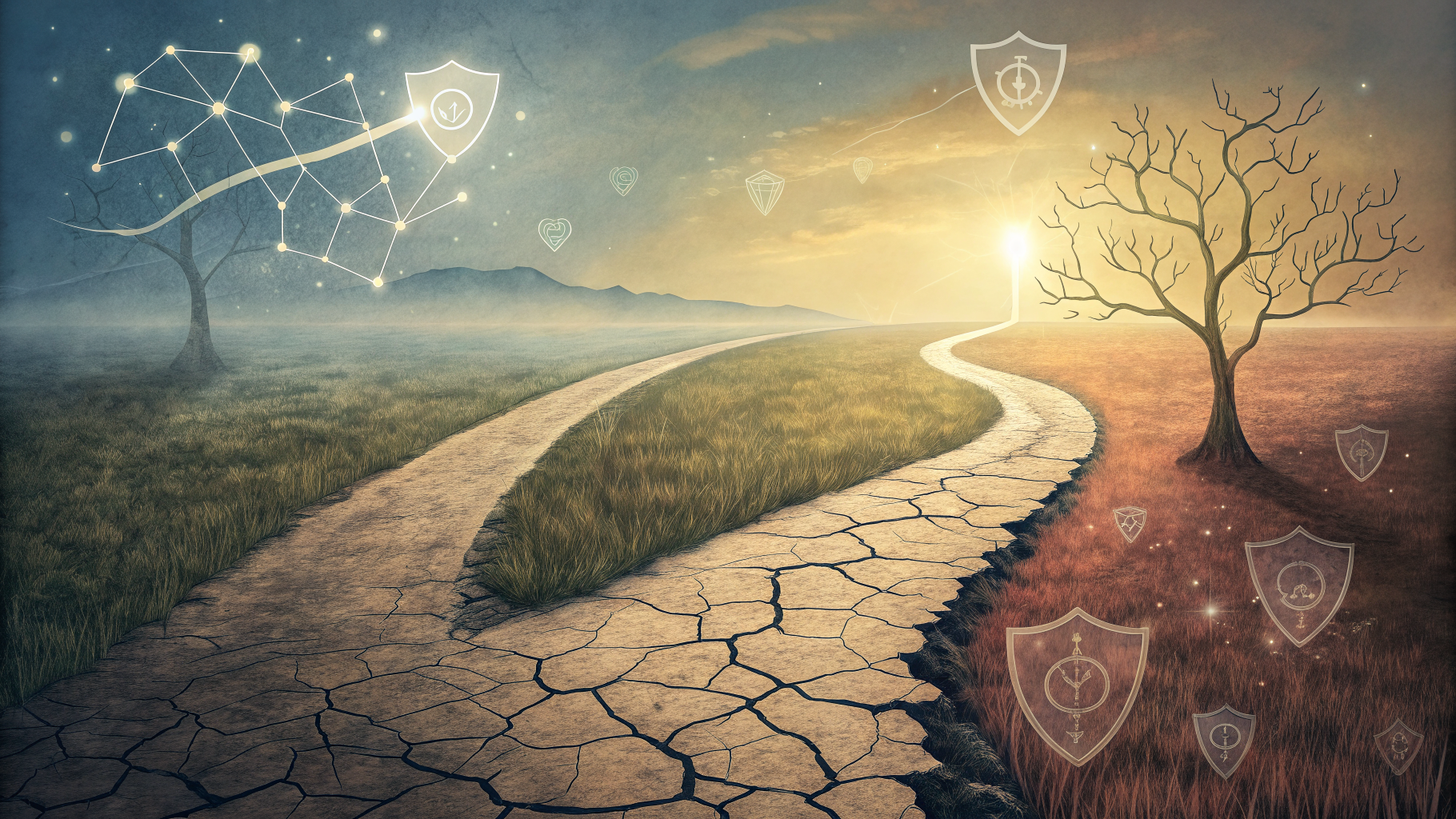 Two diverging paths, one fading and one rising toward glowing network shapes, symbolizing career routes