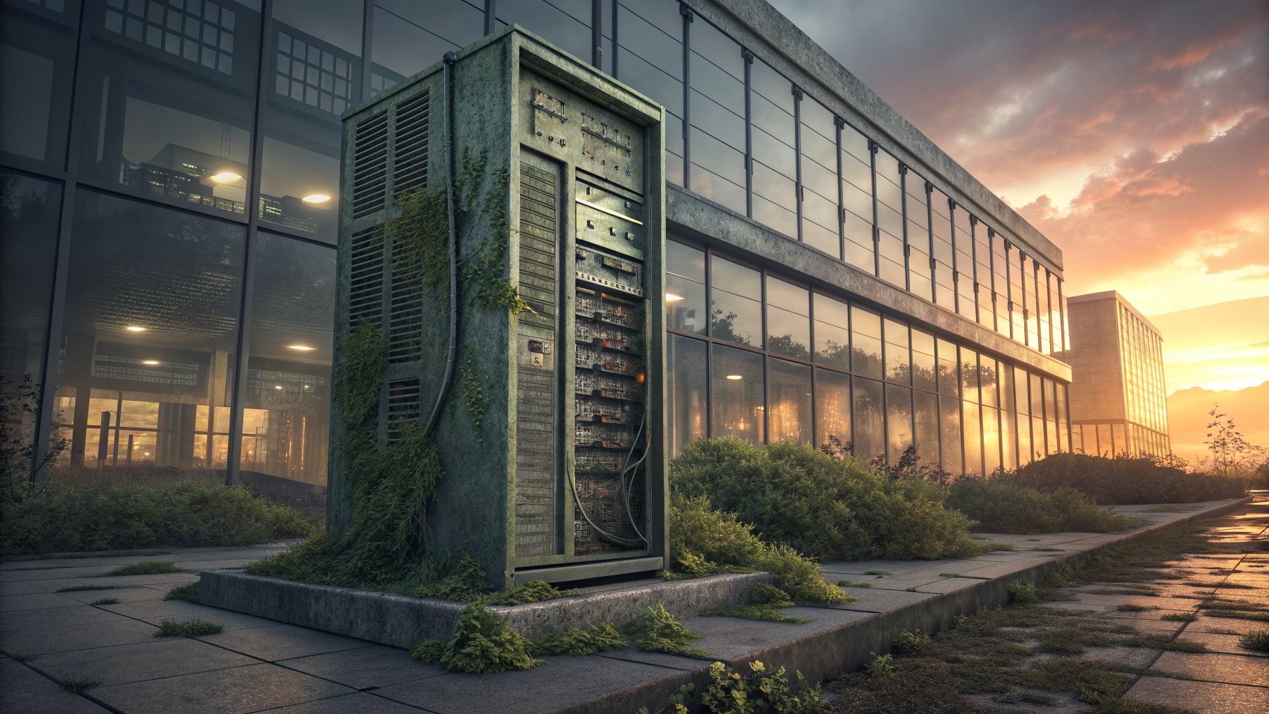 Old server rack beside a modern data center building, symbolizing legacy technology being phased out