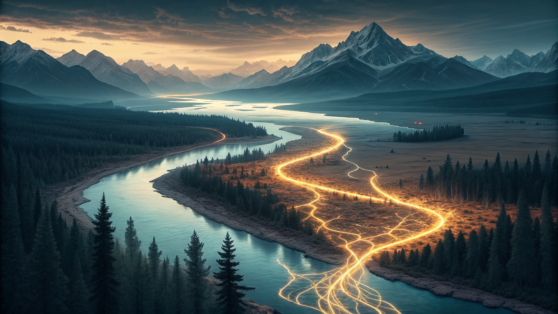 Tangled streams of light narrowing into one clear channel, representing alert noise being filtered into signal