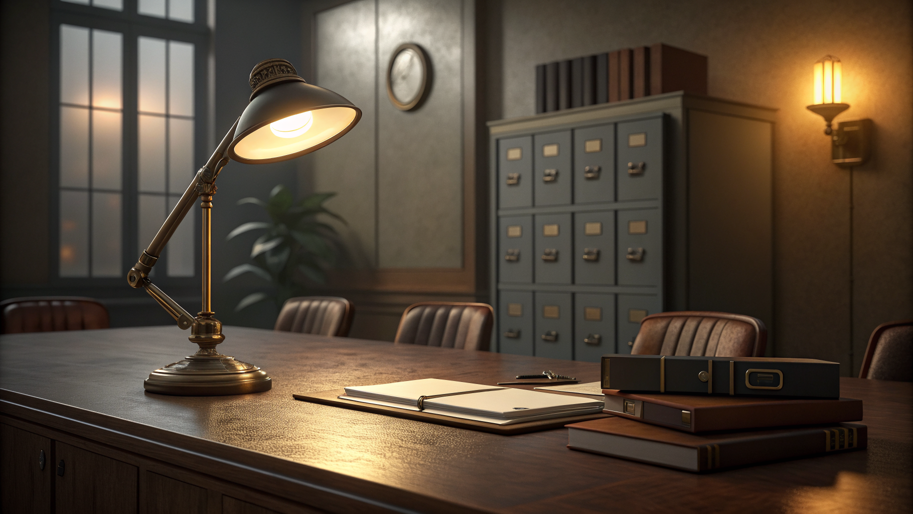 A single desk lamp lighting an empty boardroom table with binders and a locked cabinet in the background