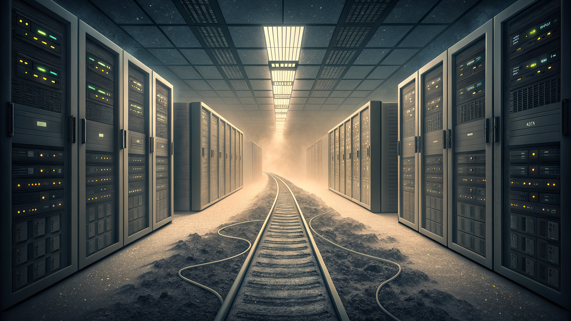A corridor splitting into a dim faded path and a bright organized path, symbolizing a fork in IT career trajectories.
