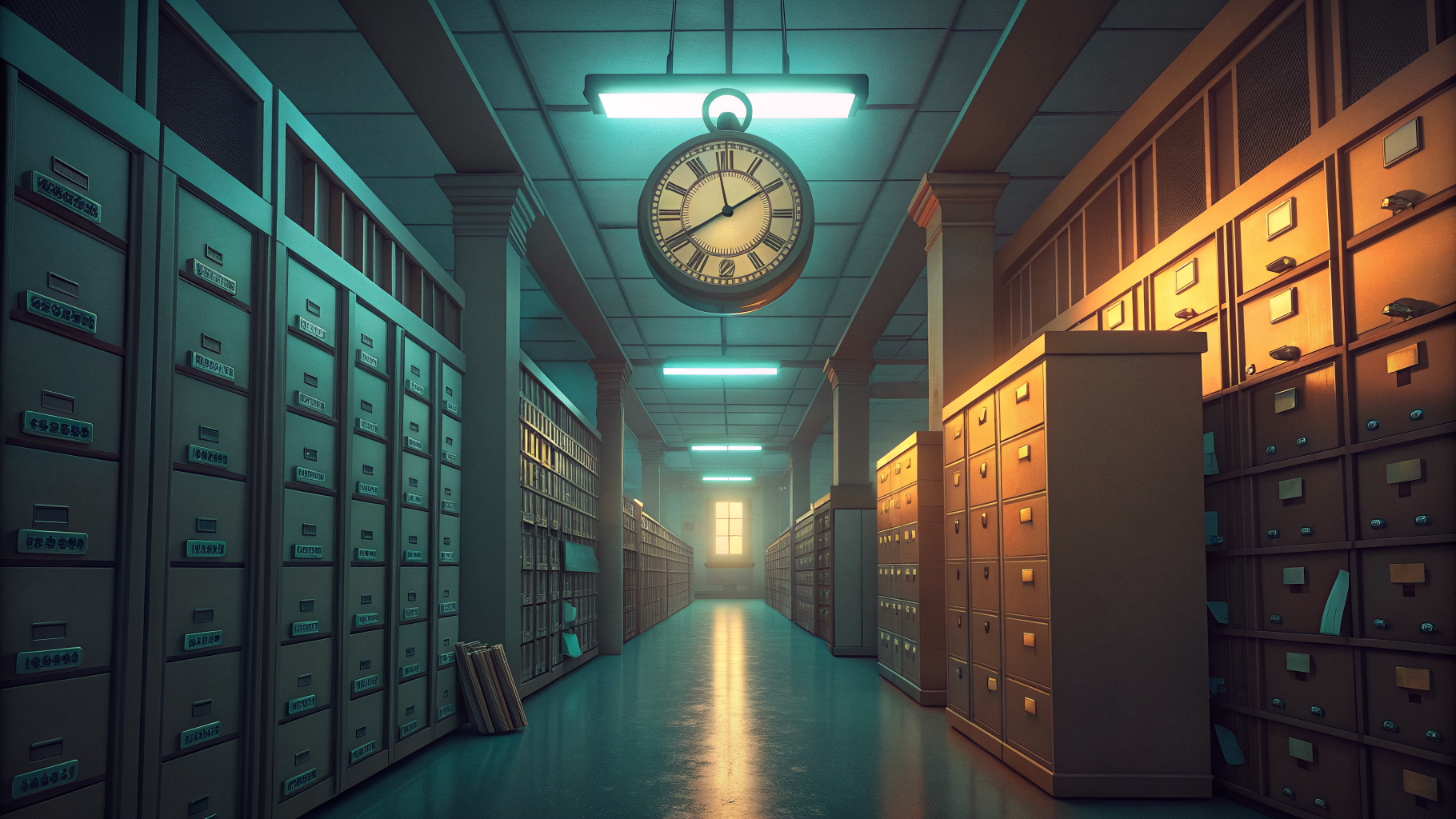 A hospital data archive beneath a glowing suspended clock, symbolizing a delayed but still pending compliance deadline