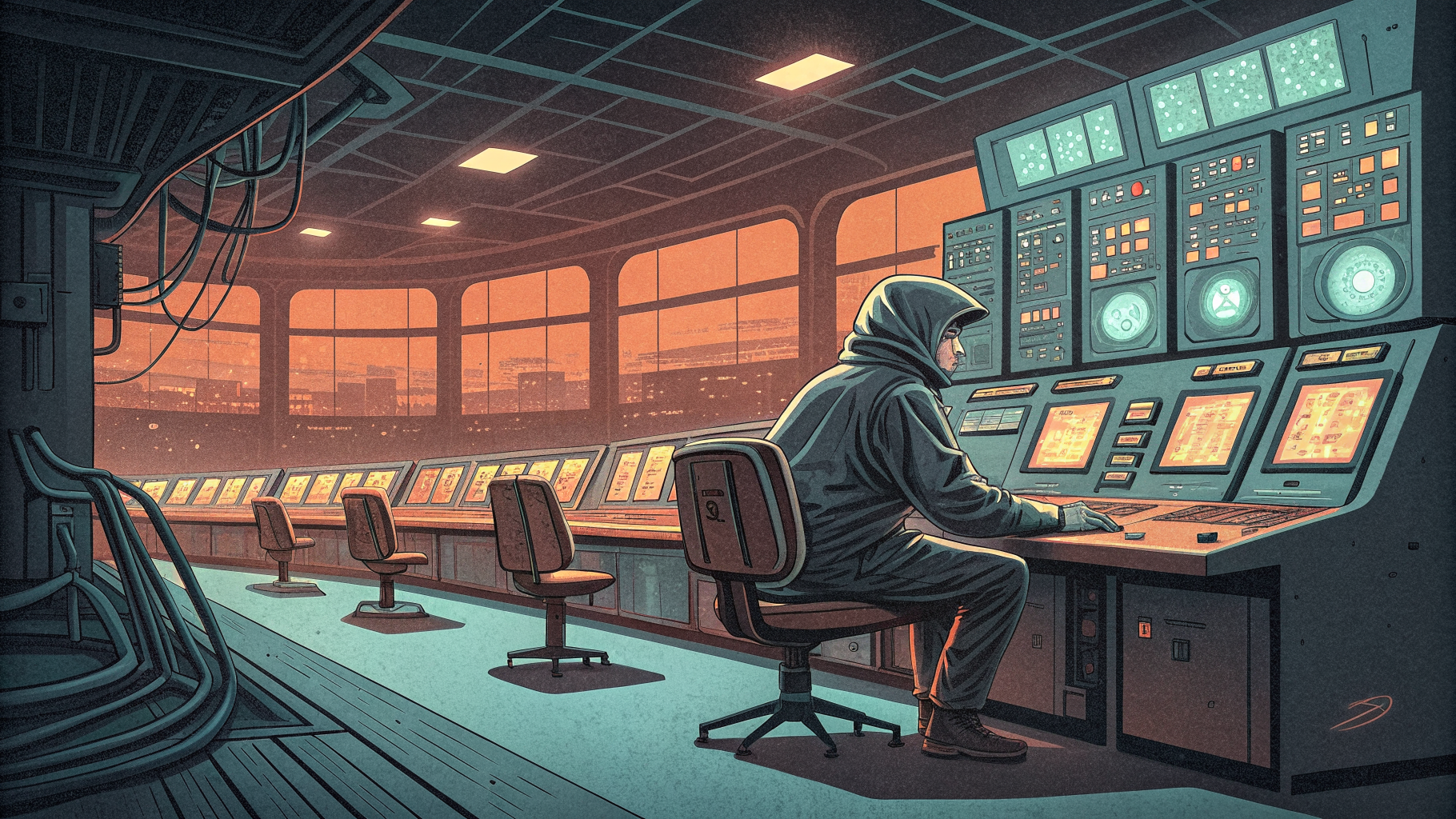 One analyst at a control desk surrounded by automated systems and empty chairs, symbolizing skills over headcount.