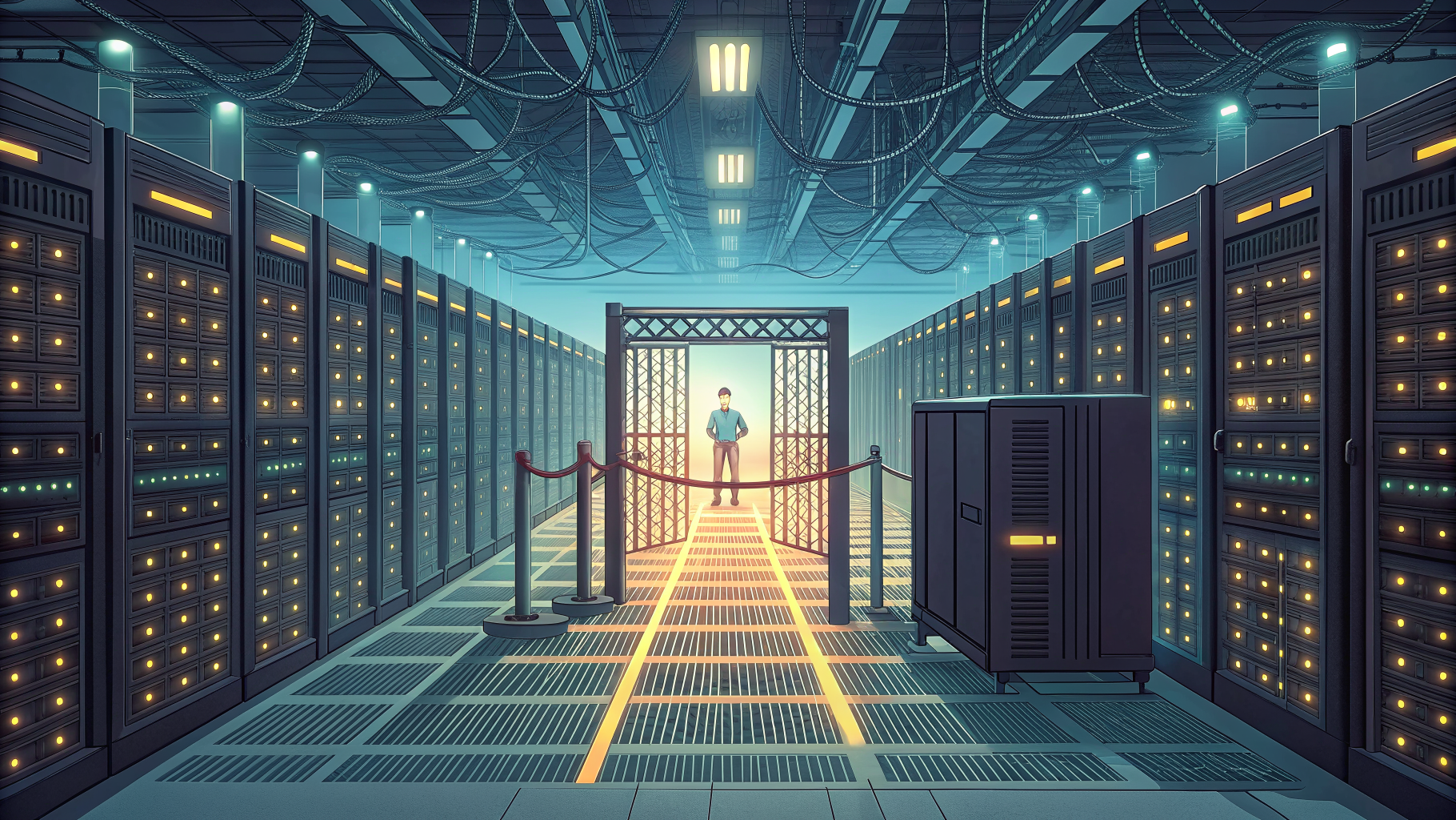Glowing network conduits converging toward a single locked gate in a server hall, symbolizing AI agent access control