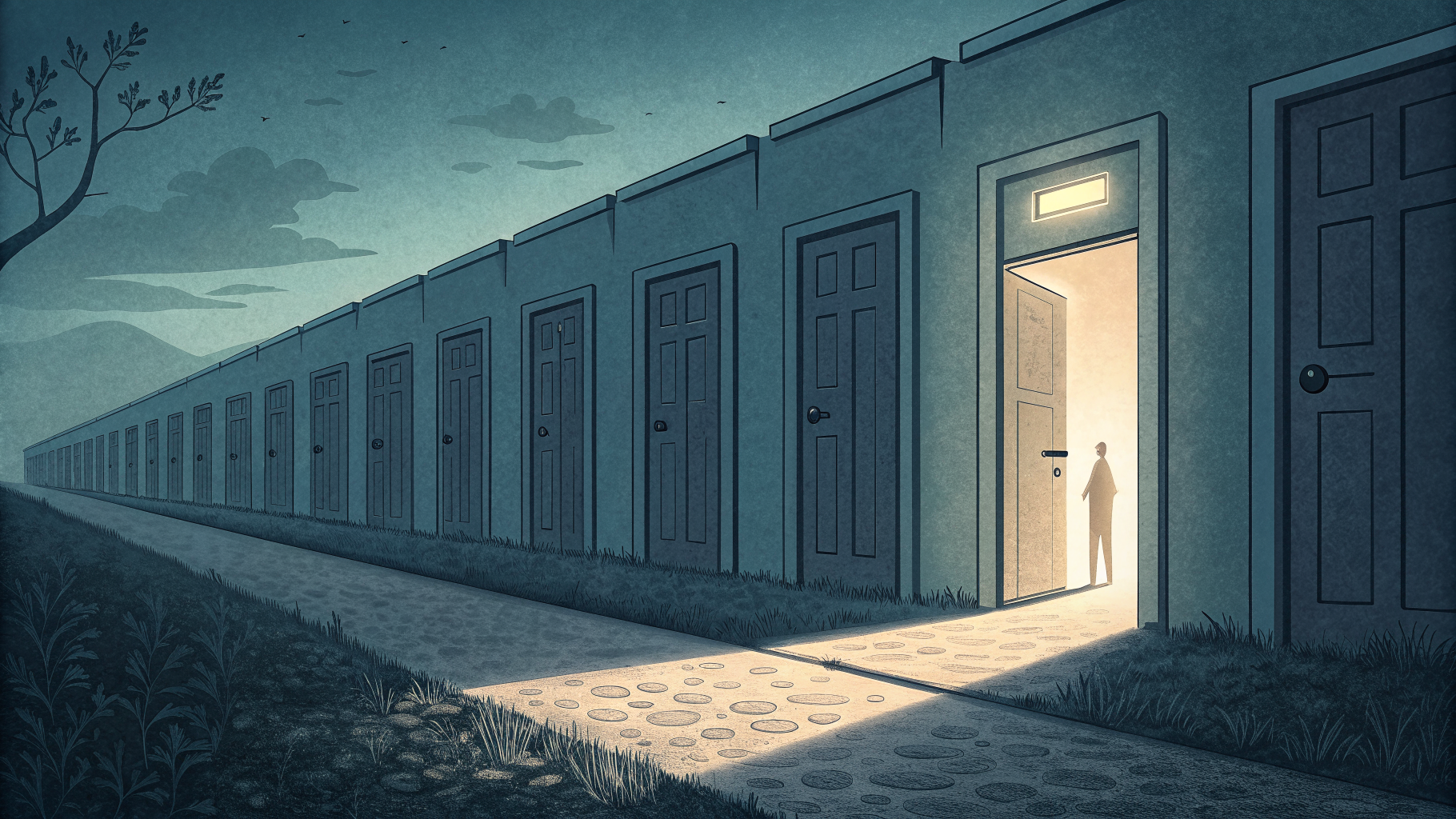 A single illuminated doorway stands out among a long row of closed, unmarked doors in muted blue tones.
