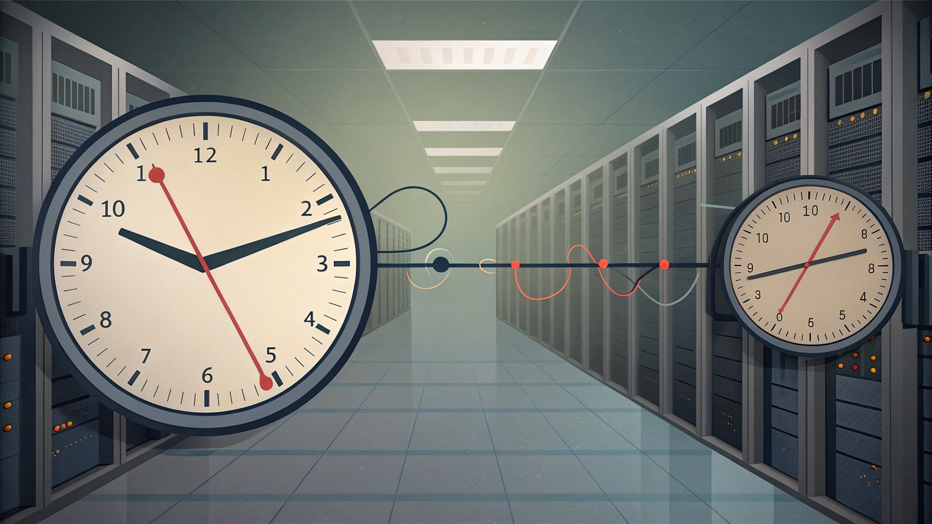 Two opposing clocks connected by a timeline, symbolizing recovery time versus data loss tolerance