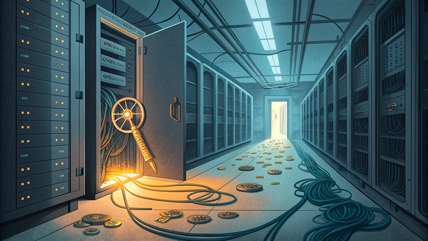 A server rack connected to a misaligned vault door surrounded by scattered key shapes and tangled cables