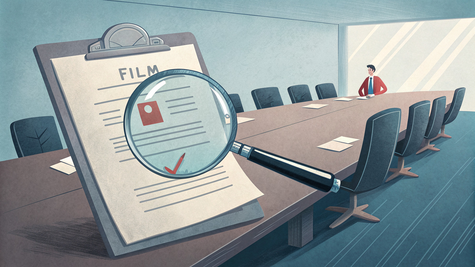 Magnifying glass over a corporate filing beside an empty boardroom chair, symbolizing scrutiny of management cyber