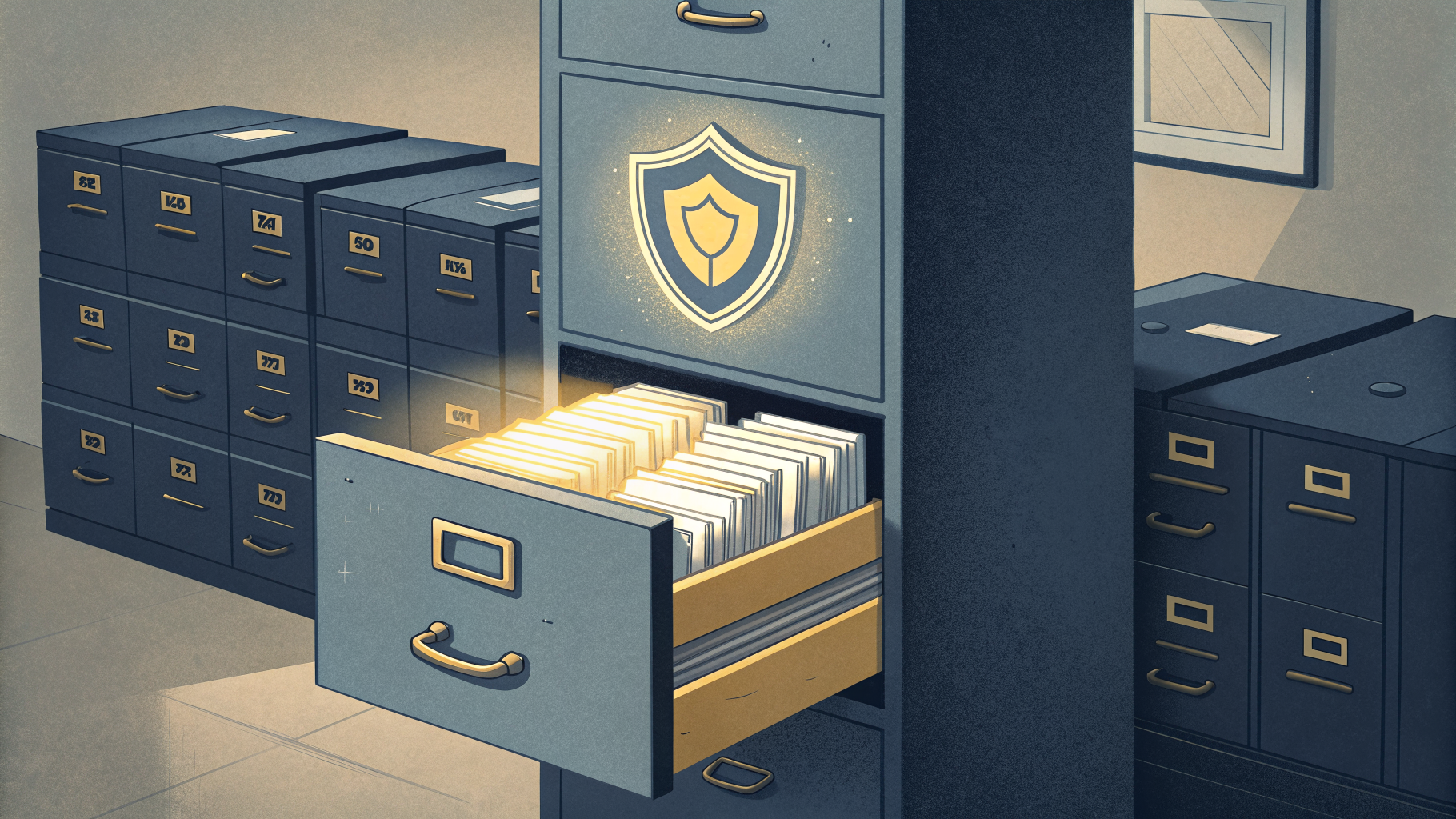A filing cabinet drawer open to reveal a shield badge among paper documents, symbolizing named expertise