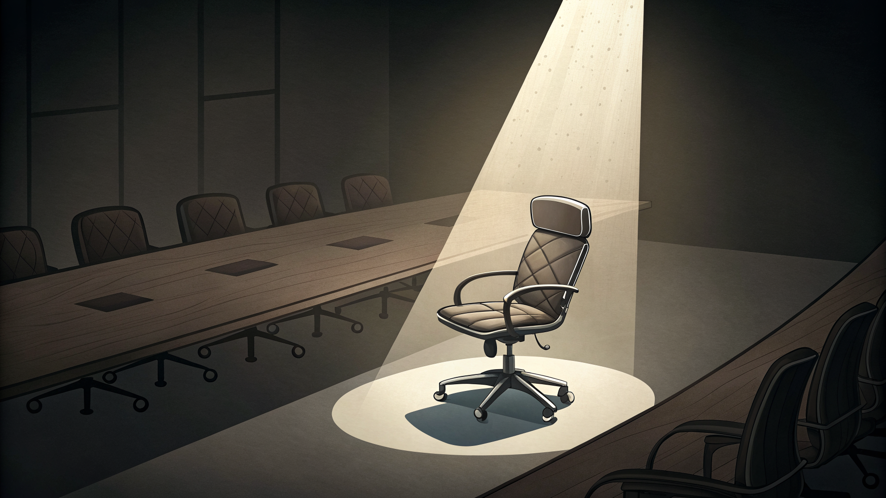 A single illuminated executive chair at a boardroom table, others in shadow, symbolizing singled-out accountability