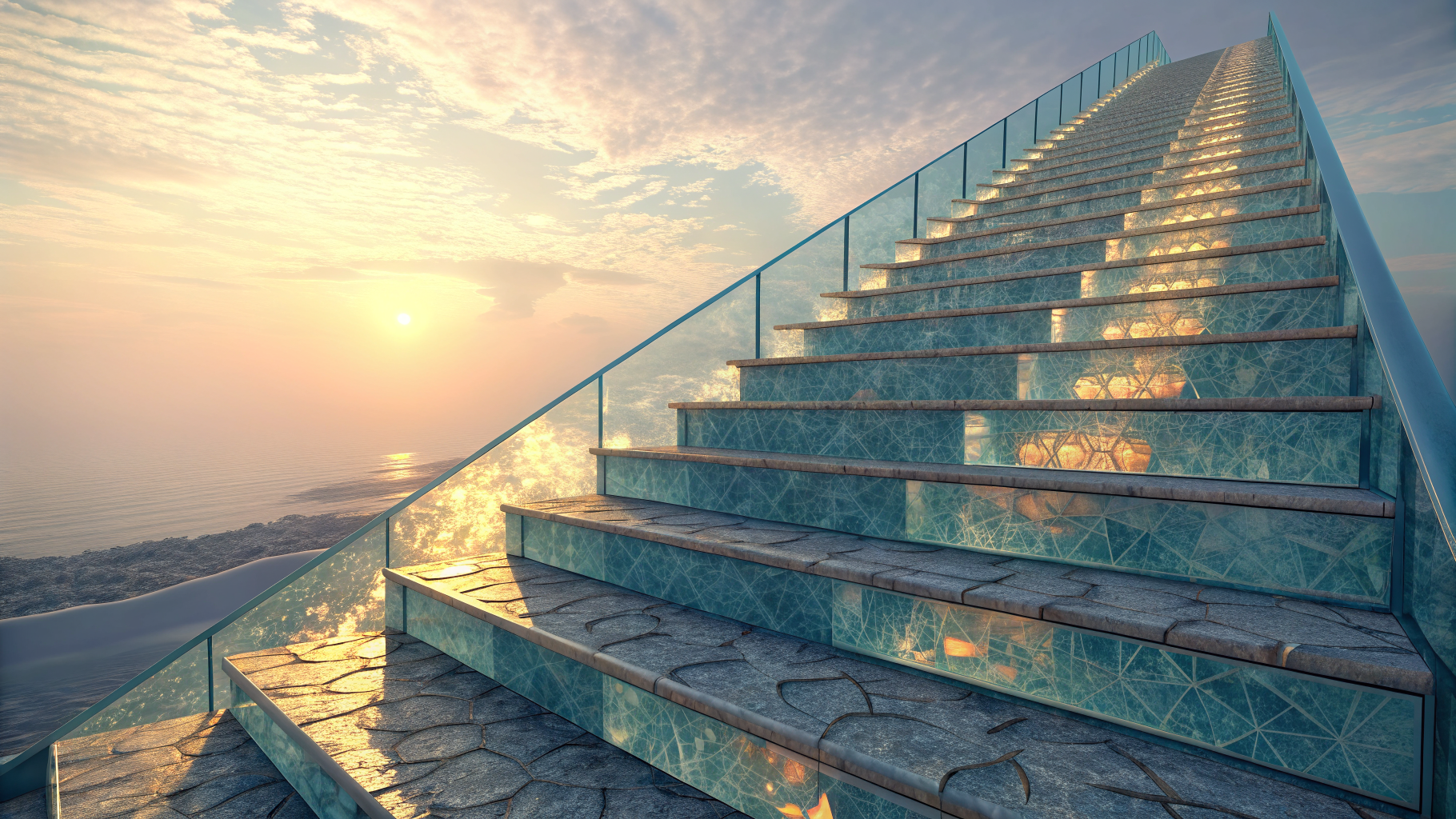 Layered translucent steps rising toward a horizon, symbolizing stacked professional skills built over time