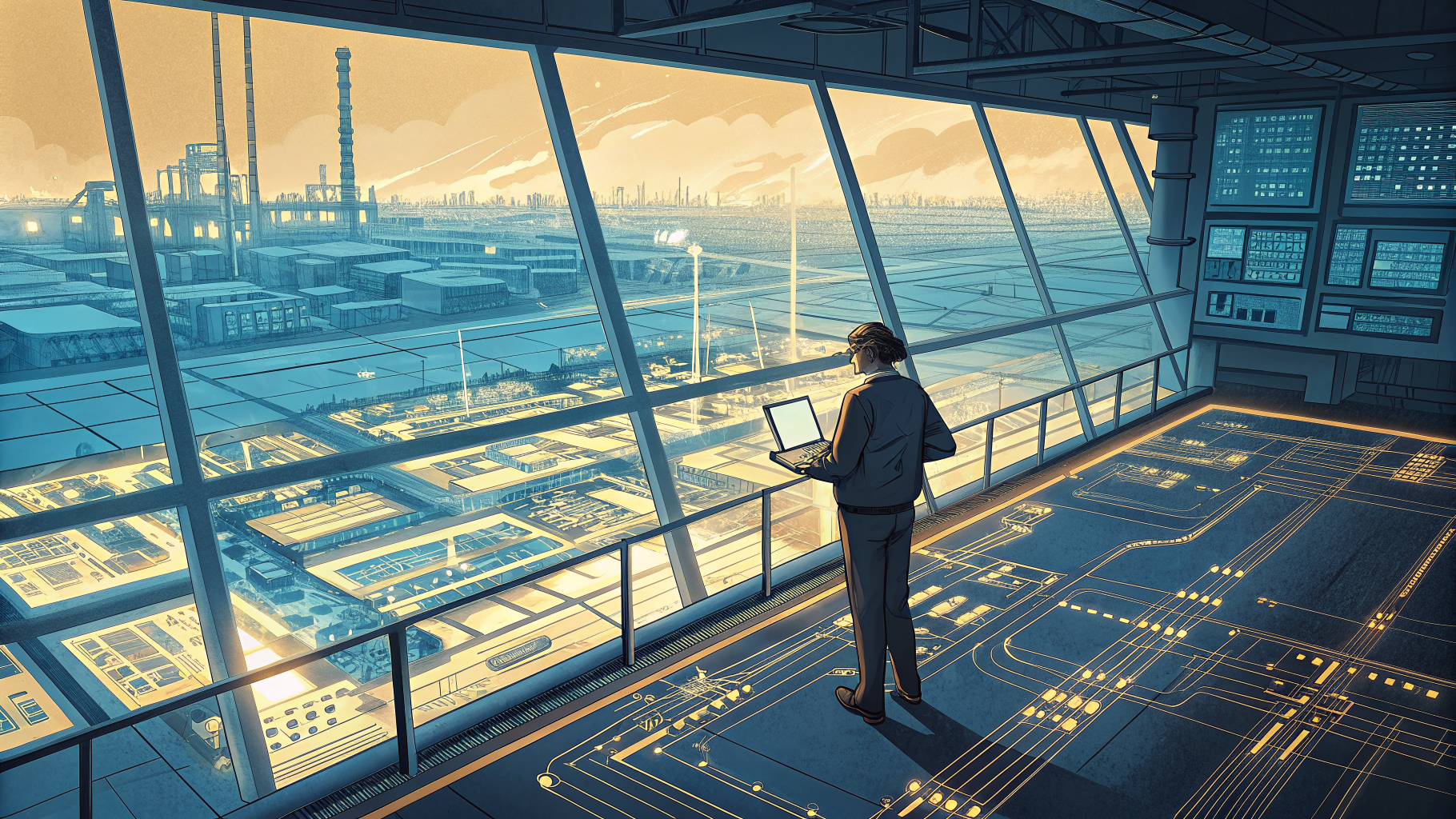 A figure overseeing an automated data grid from an elevated gallery, representing AI oversight in security operations