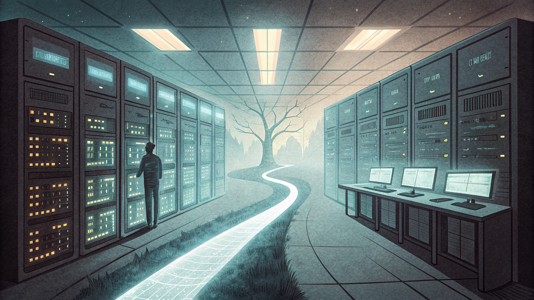 Two diverging paths through a server control room, one fading and one opening toward light