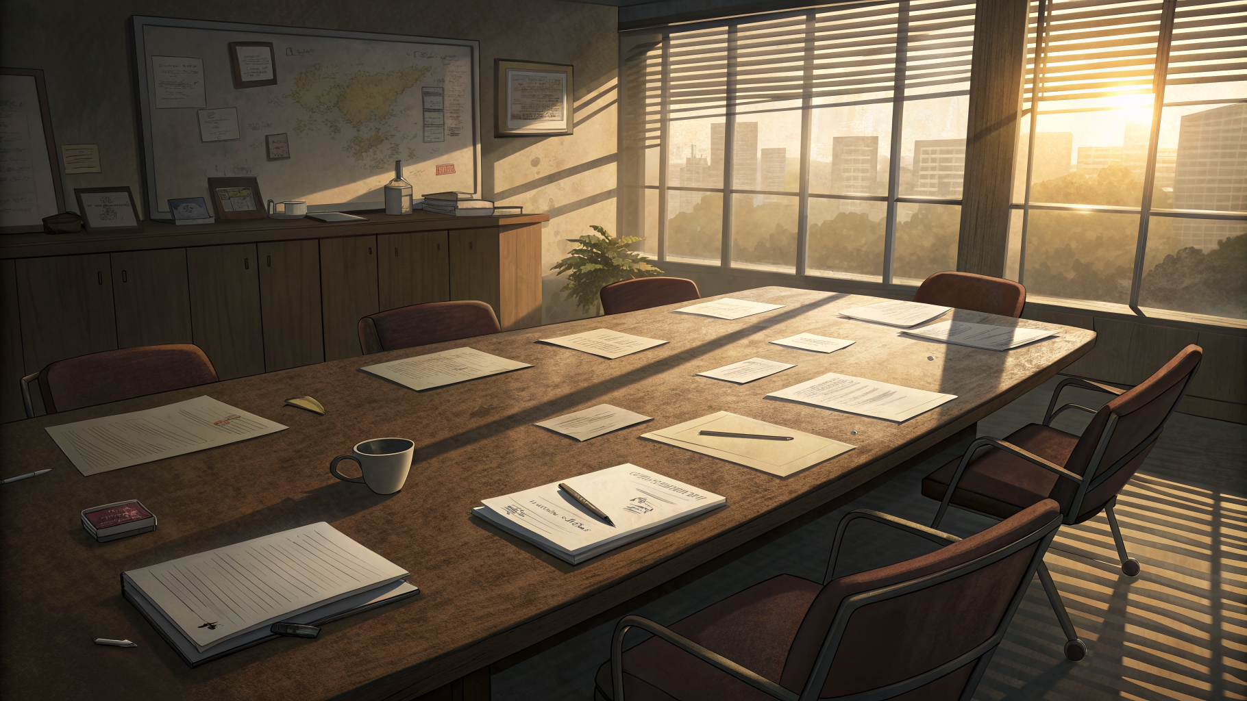 An empty meeting room with an open binder and scattered papers, evoking unresolved planning findings