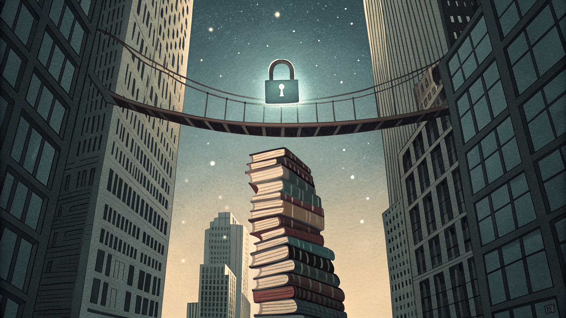 Illustration of a bridge made of books spanning a gap between two buildings under a padlock-shaped sky