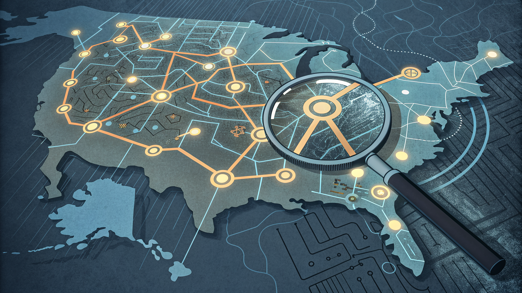 Abstract layered network map with a magnifying glass motif tracing pathways, symbolizing structured risk analysis.