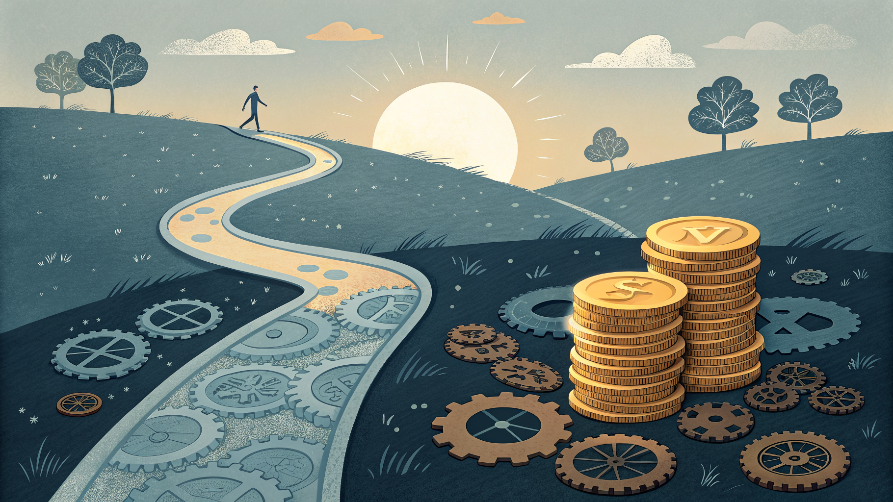 Two diverging coin-paved paths converging toward one horizon, symbolizing a budget choice between two routes.