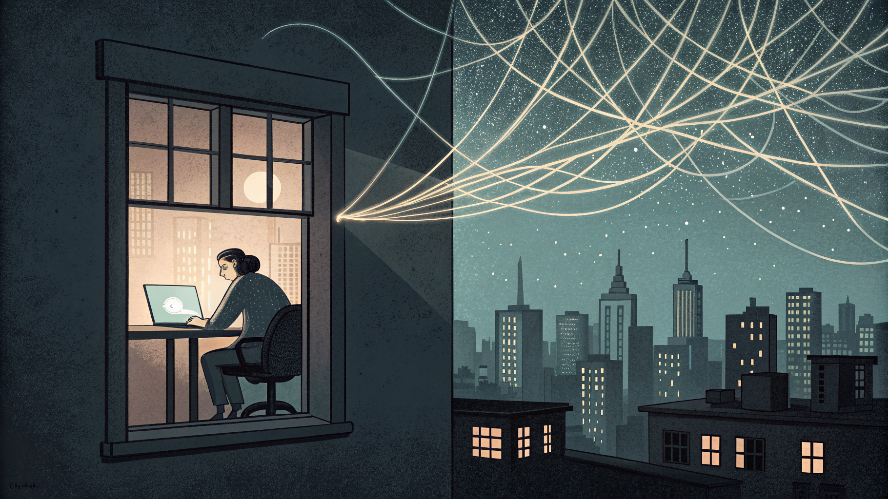 A lit office window connected by glowing lines to distant unseen buildings across a night skyline
