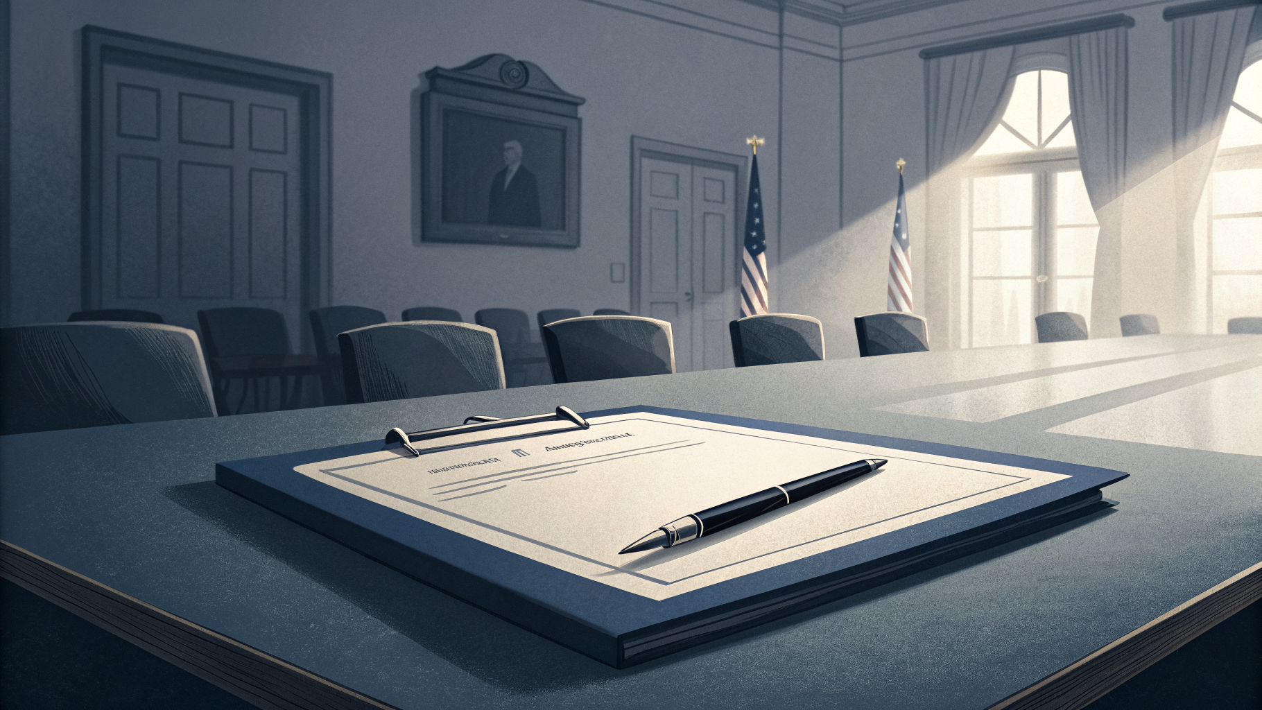 A single sealed document folder and pen on an empty table, symbolizing an authorization awaiting sign-off