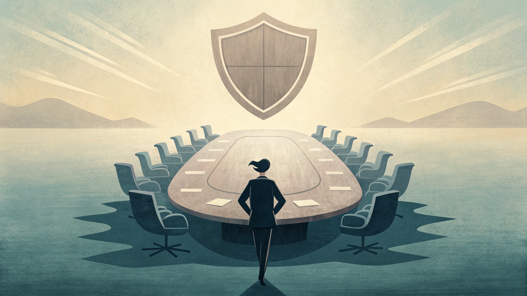 Illustration of a security professional's path toward a leadership seat at a boardroom table
