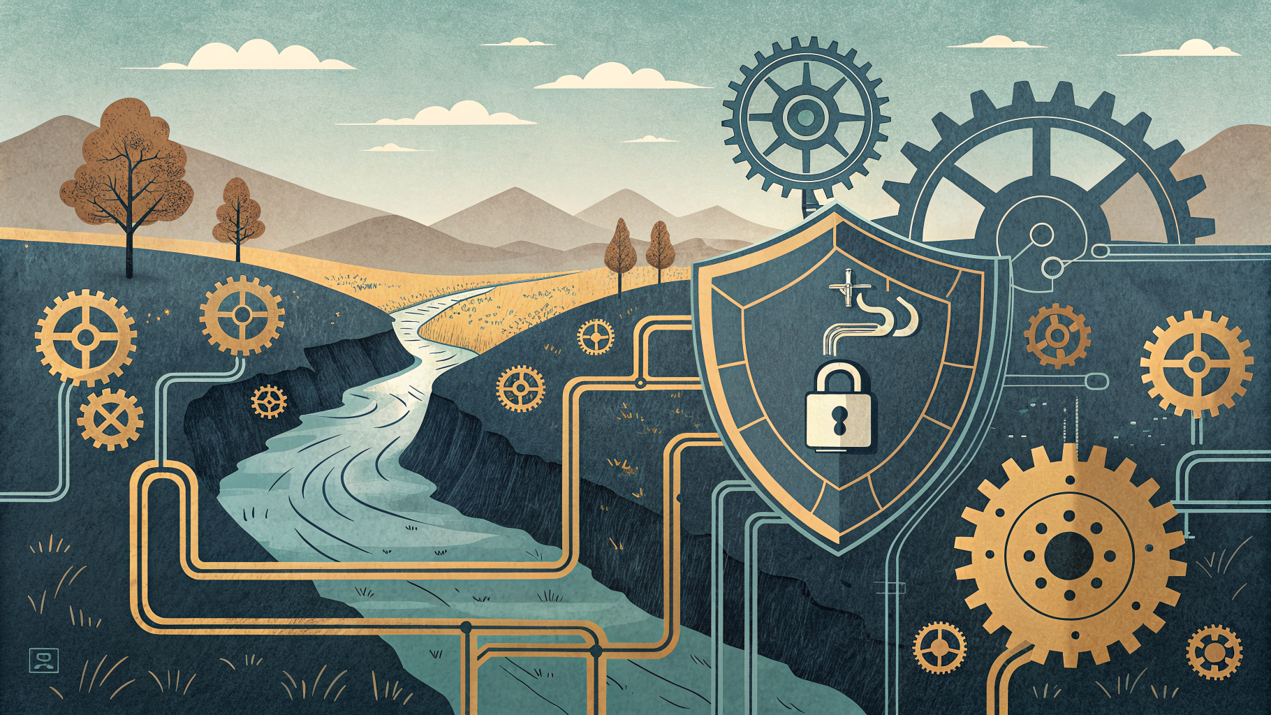 Abstract blueprint of data pipelines flowing into a protective shield, symbolizing privacy built into engineering systems