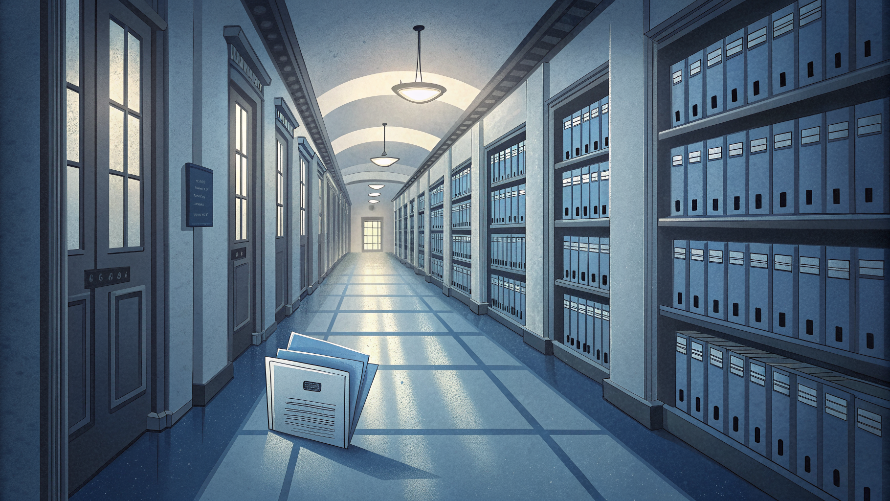 Rows of filed documents in a government office with one folder set apart, symbolizing a verified credential among paperwork