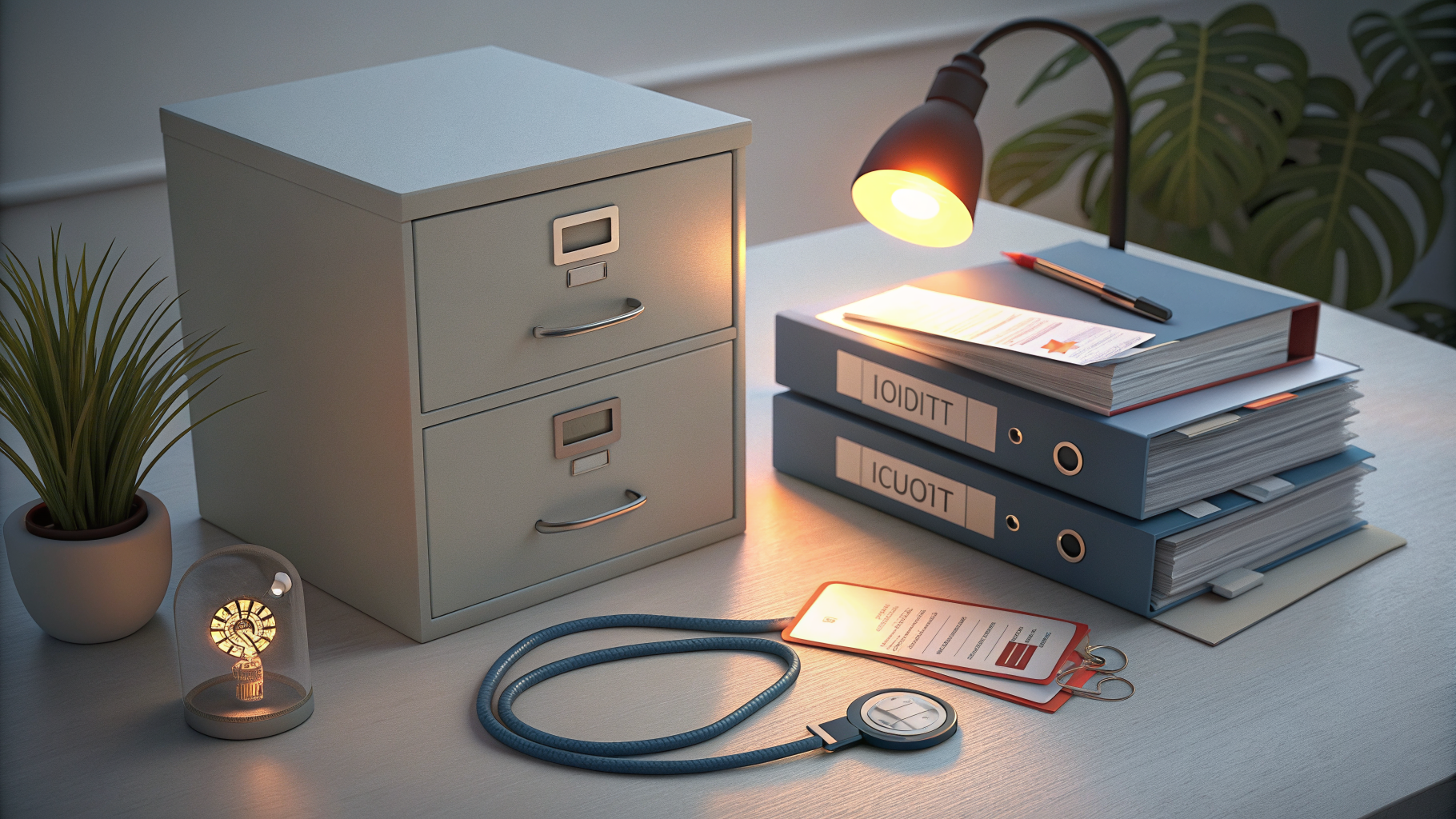 A locked filing cabinet, audit binders, and a badge on a desk symbolizing documented staff accountability