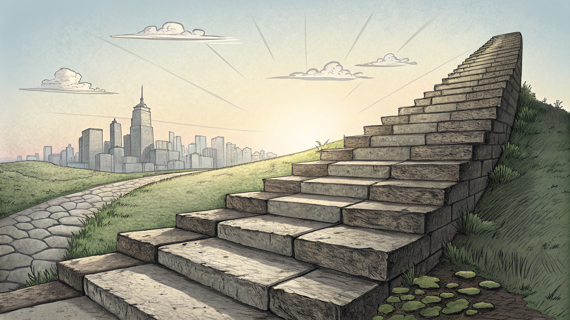 Stone staircase of stacked blocks ascending toward a bright horizon, symbolizing layered career credentials