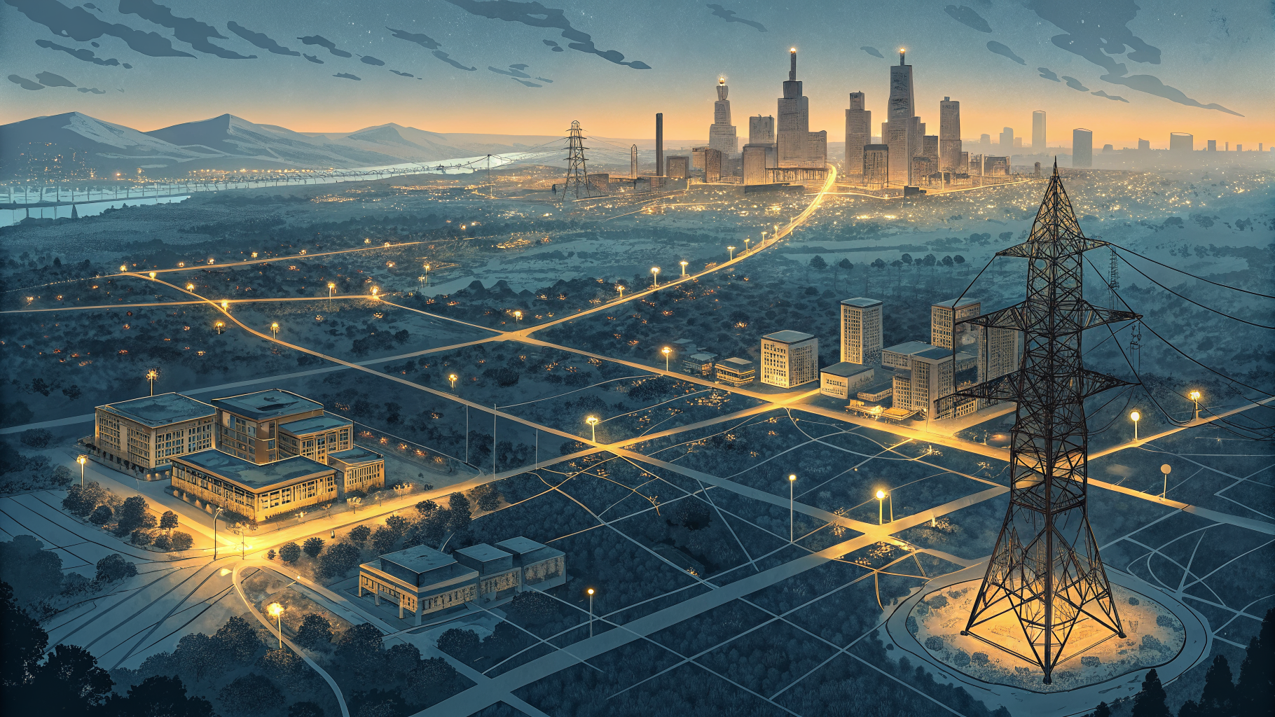 A city grid at dusk with only scattered sections lit, symbolizing incomplete network visibility