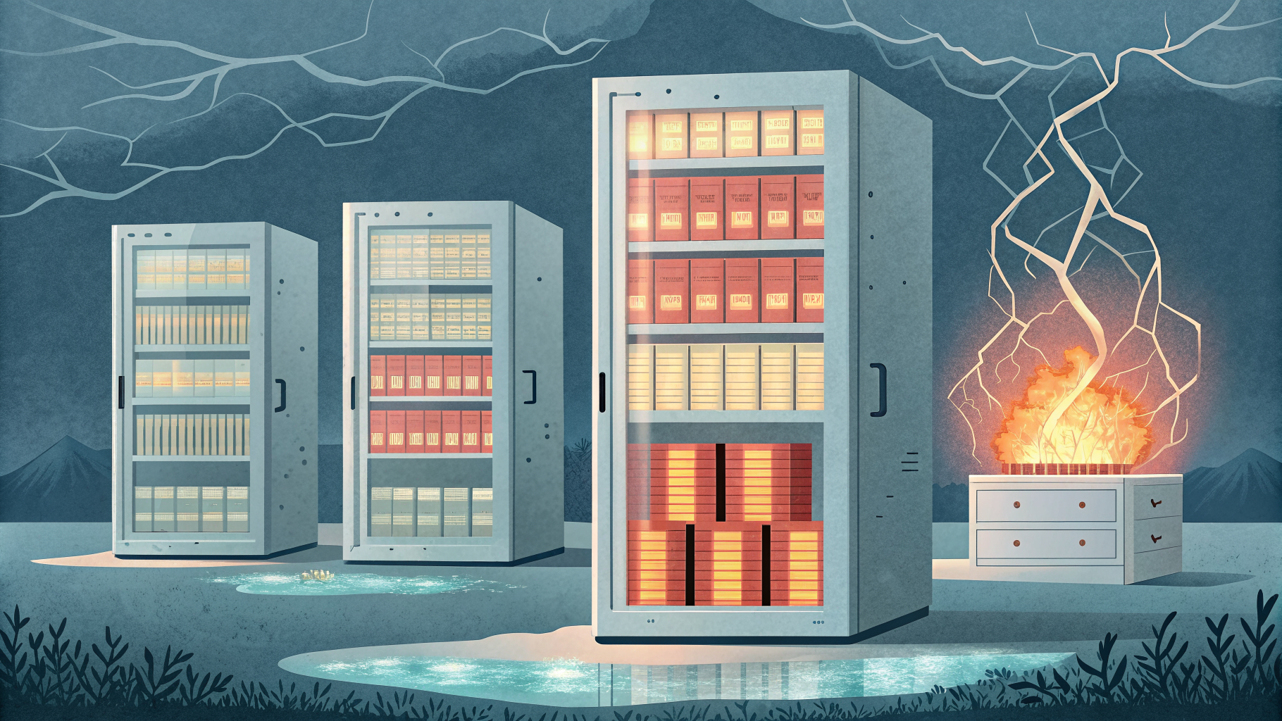 Layered storage tiers illustrated as archive shelves, with one tier cracked open and leaking data