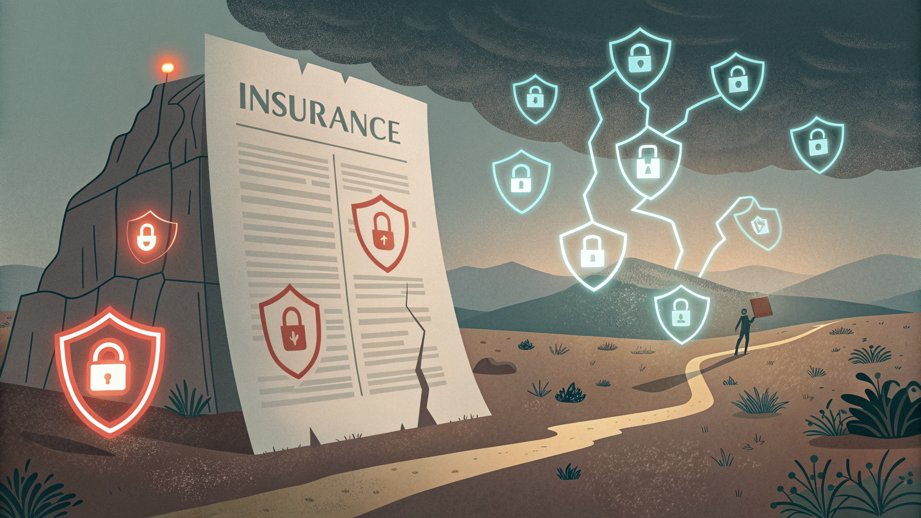 An insurance document and security controls shown disconnected, symbolizing a gap between attestation and reality