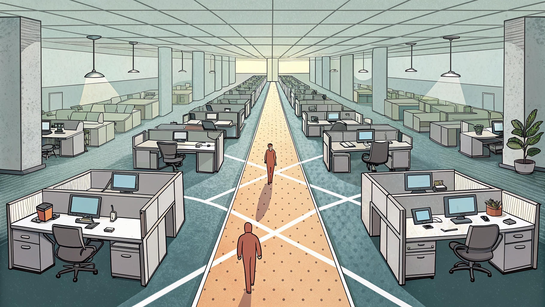 Two diverging office pathways, one dim and quiet, one brighter and busier, symbolizing a splitting career path