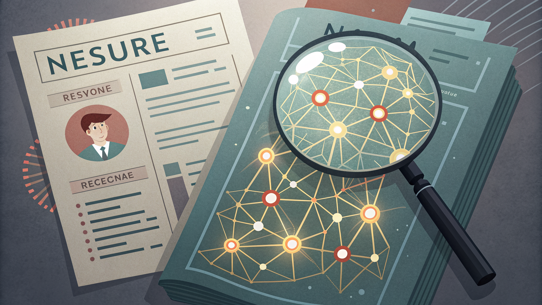 Magnifying glass examining where a resume overlaps with an abstract AI network pattern