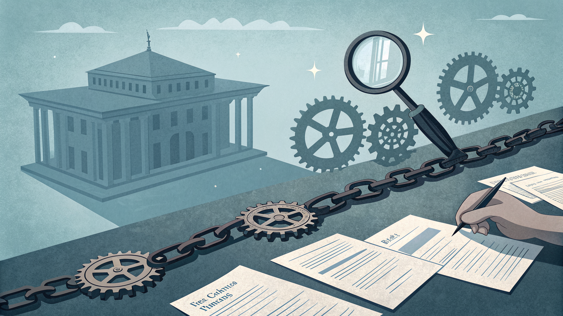 A chain of gears and documents leading to a bank, with a magnifying glass over one weak link