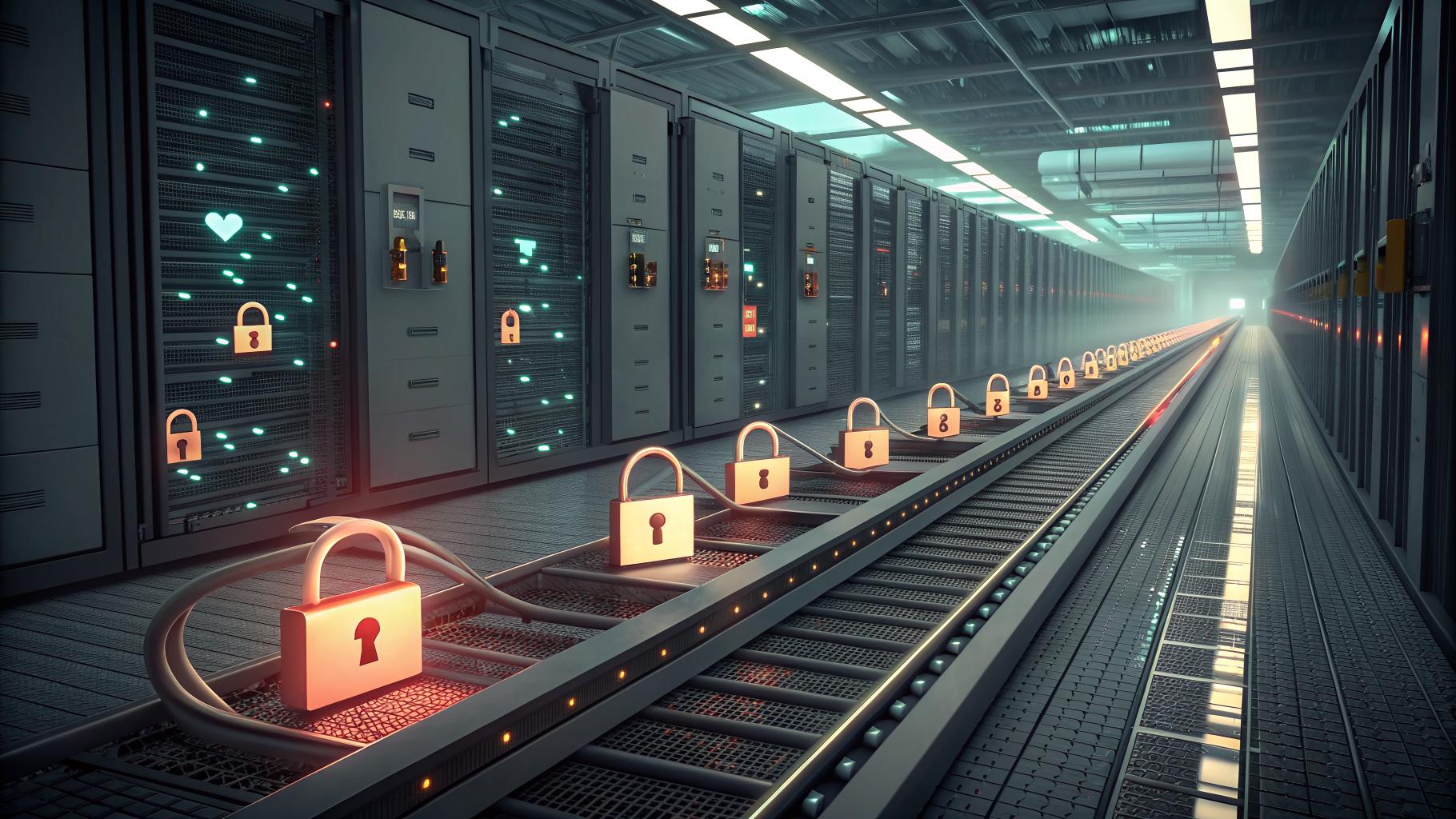 Glowing padlock tokens moving through an automated renewal pipeline in a data center corridor