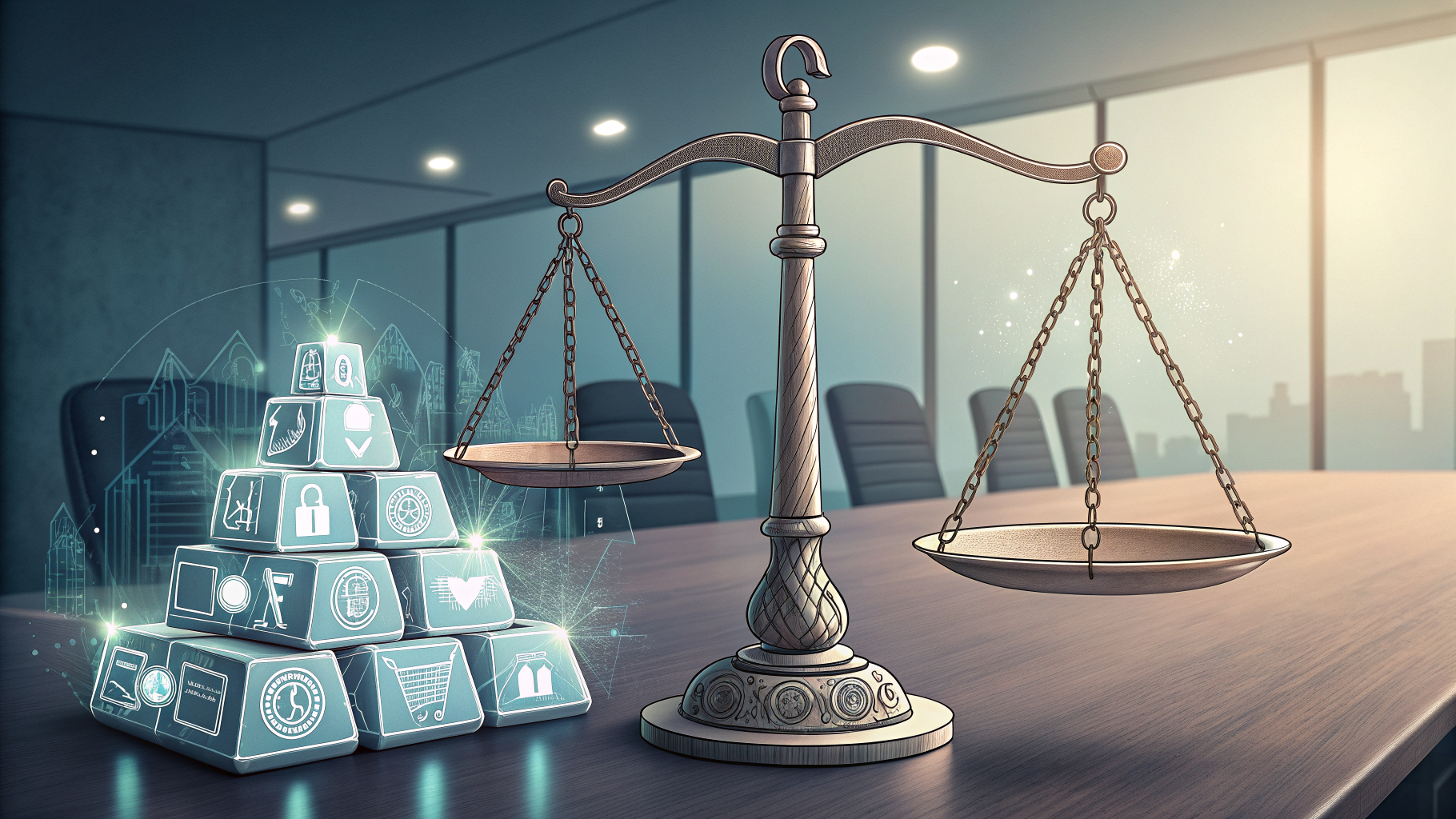 Balance scale weighing traditional security tools against interconnected AI nodes in a boardroom setting