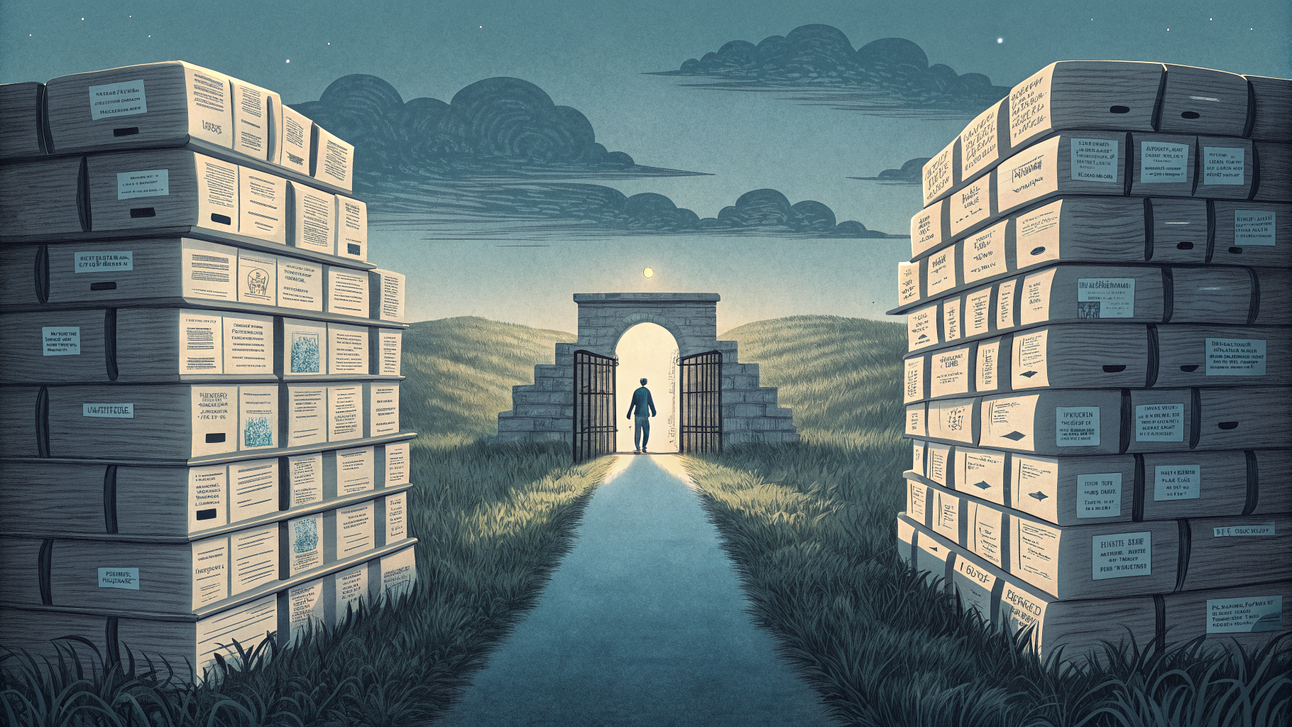 Stacked document trays forming a checkpoint gate with a narrow lit pathway through them